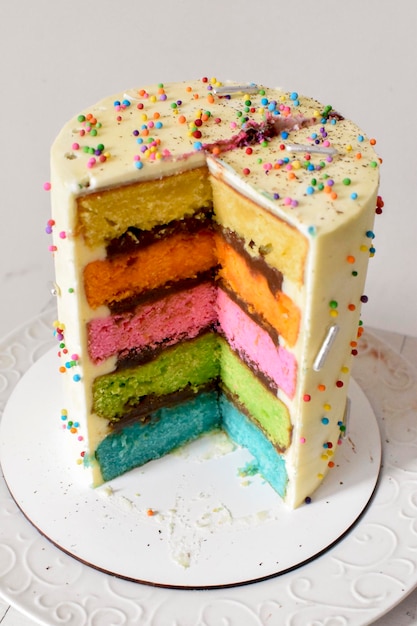 Photo un gâteau d'anniversaire coloré, un gâteau arc-en-ciel