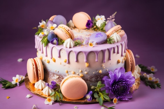 Gâteau d'anniversaire coloré avec des macarons et des fleurs sur fond violet pastel