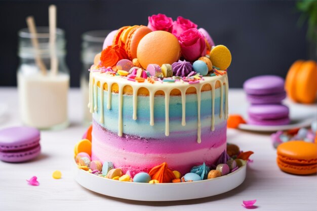 Un gâteau d'anniversaire coloré avec des macaroons, des pastèques et des macarons