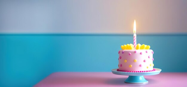 Le gâteau d'anniversaire de couleur bleue, la bannière horizontale, la copie de l'espace, les bougies, le fond de la carte de vœux.