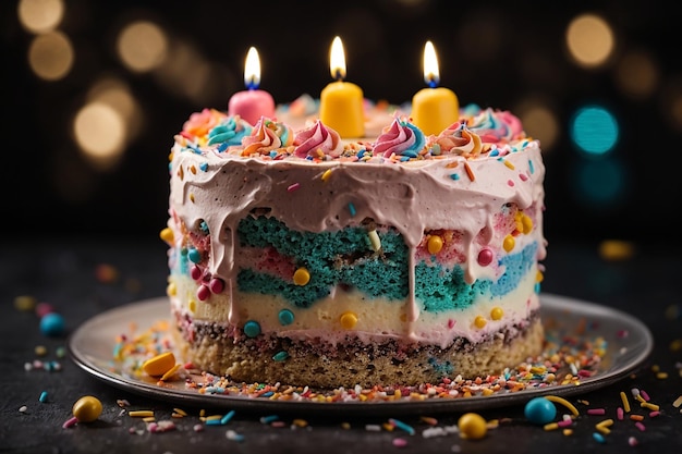 Gâteau d'anniversaire avec crème colorée et pépites sur fond sombre