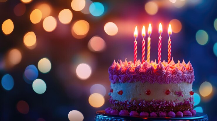Photo gâteau d'anniversaire crémeux coloré avec 5 bougies allumées lumières à l'arrière-plan bokeh espace de copie