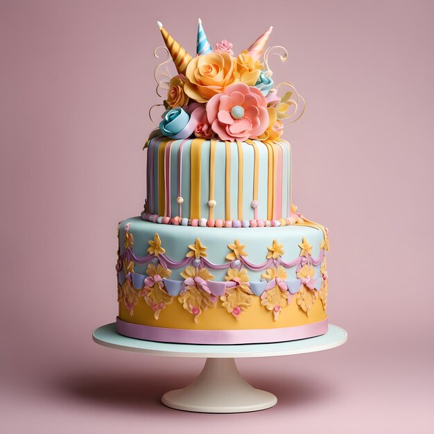 Un gâteau d'anniversaire décoré de fleurs et de cornes de licorne.