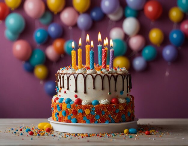 Photo un gâteau d'anniversaire décoré sur un fond coloré