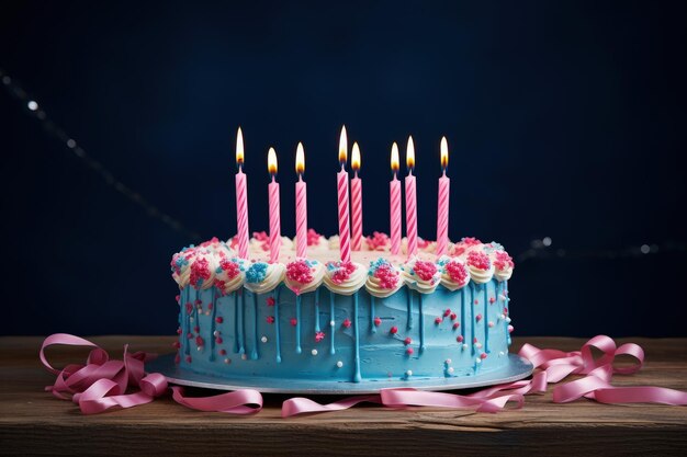 Photo un gâteau d'anniversaire décoré d'un ruban bleu en crème au beurre et de bougies en rose