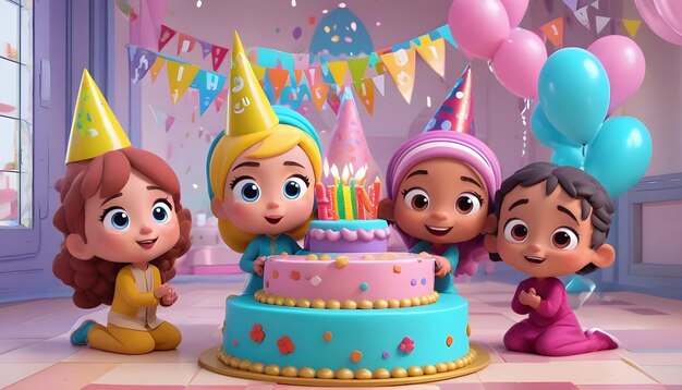 gâteau d'anniversaire dessin animé 3d style fille garçon chambre heureuse hijab musulman