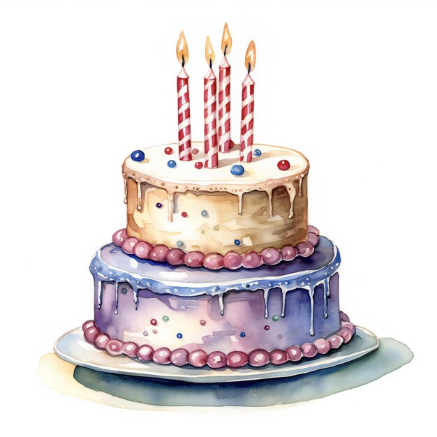 Photo gâteau d'anniversaire dessiné à la main à l'aquarelle