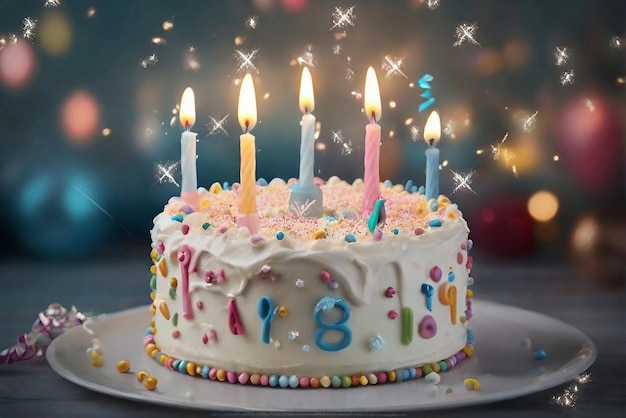 Photo un gâteau d'anniversaire avec du glaçage blanc et des bougies allumées un gâteau avec des couleurs