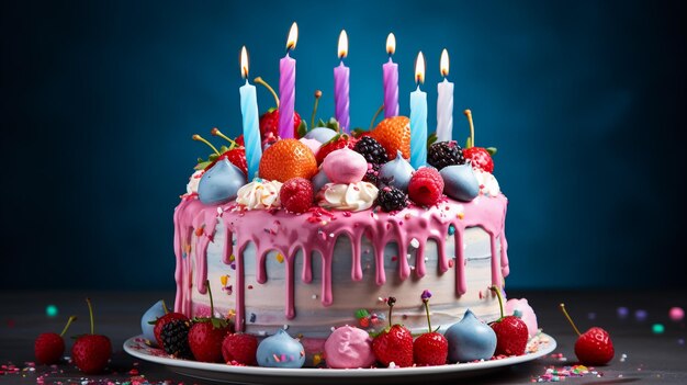 Un gâteau d'anniversaire avec du glaçage et des bougies d'aniversaire prêt pour un fond sombre d'annivernais