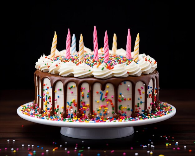 Un gâteau d'anniversaire avec des éclaboussures colorées