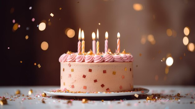 Un gâteau d'anniversaire festif avec des bougies allumées se tient sur un support sur la table