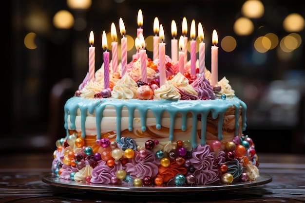 Gâteau d'anniversaire festif avec chantilly et confettis génératifs IA
