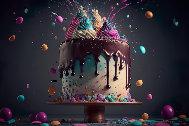 Gâteau d'anniversaire de fête avec beaucoup de glaçage et de décorations Generative Ai