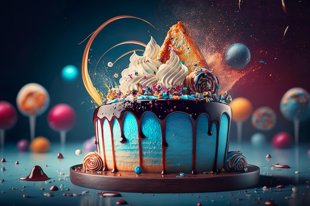 Gâteau d'anniversaire de fête avec beaucoup de glaçage et de décorations Generative Ai