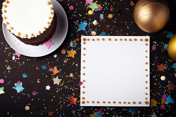 Photo gâteau d'anniversaire avec une feuille de papier blanche et des confettis dorés sur un fond en bois foncé gâteau danniversaire avec une carte de vœux célébration de la fête vue supérieure ai générée