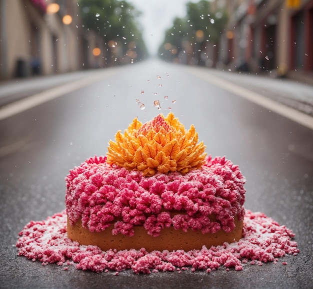 Un gâteau d'anniversaire avec des fleurs sur la route Une profondeur de champ peu profonde