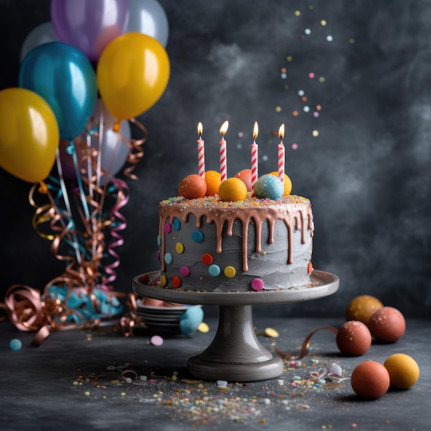 Gâteau d'anniversaire sur un fond de ballon coloré IA générative