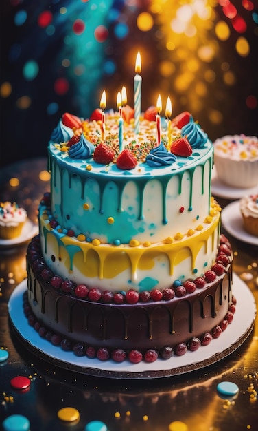 Un gâteau d'anniversaire sur un fond flou