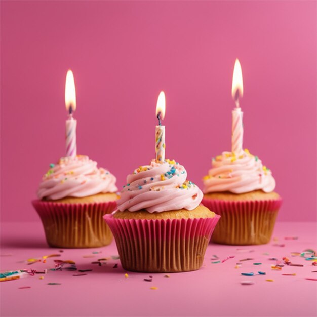 Un gâteau d'anniversaire frais avec des bougies allumées sur un fond rose