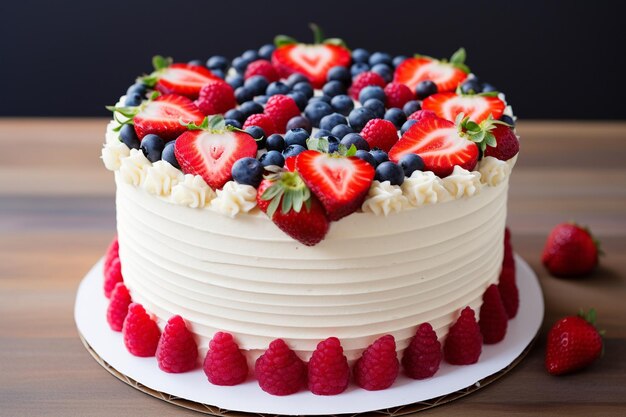 Gâteau d'anniversaire avec des fraises, des bleuets et des cœurs sur fond blanc