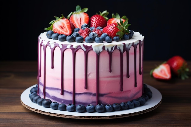 Gâteau d'anniversaire avec des framboises, des fraises et des bleuets généré