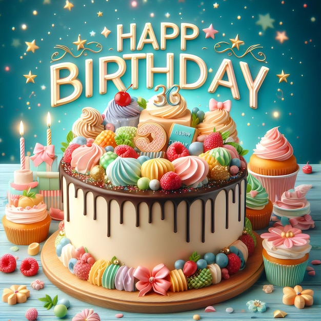 un gâteau d'anniversaire avec un gâteau qui dit joyeux anniversaire