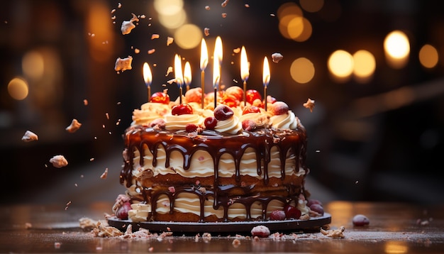 Gâteau d'anniversaire avec glaçage au chocolat et flamme de bougie allumée générée par l'intelligence artificielle