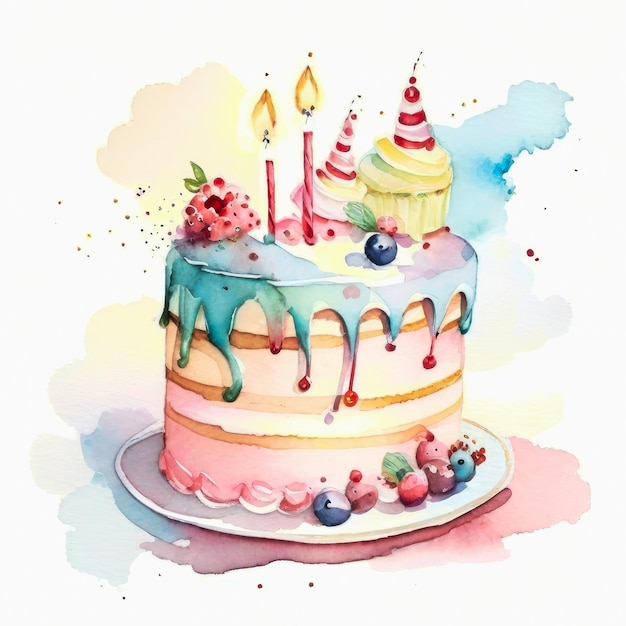 Gâteau d'anniversaire avec illustration aquarelle de bougies