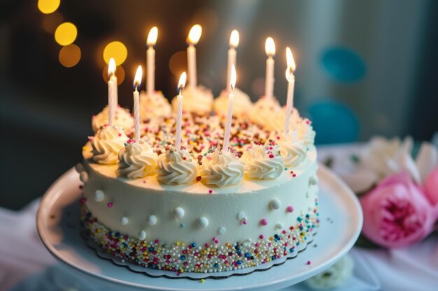 Un gâteau d'anniversaire magnifiquement décoré avec des bougies allumées AI générative