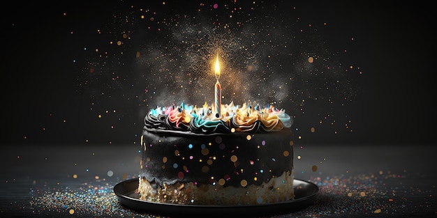 Gâteau d'anniversaire photo avec bougies confettis et lumières sur fond noir tableau flou