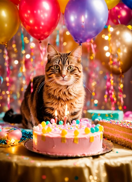 gâteau d'anniversaire pour un chat sur un fond de ballons Focus sélectif