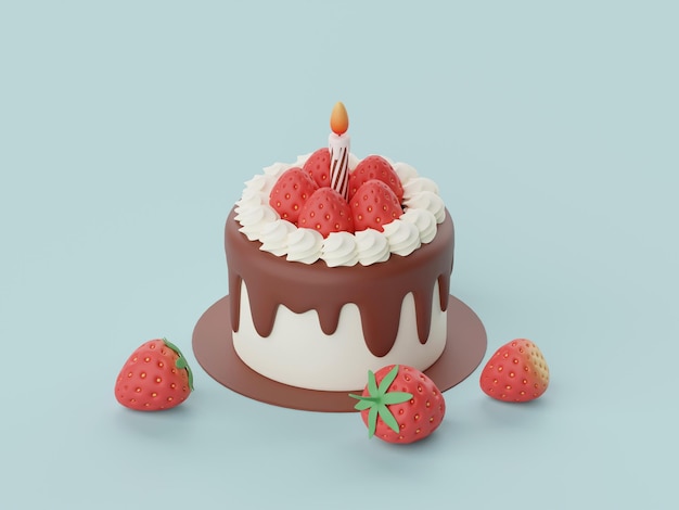 Photo gâteau d'anniversaire pour la fête de célébration bougie fraise joyeux anniversaire illustration 3d