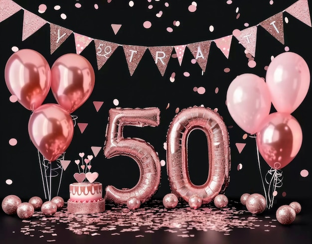 un gâteau d'anniversaire rose avec des ballons et un gâteau rose avec un ruban rose