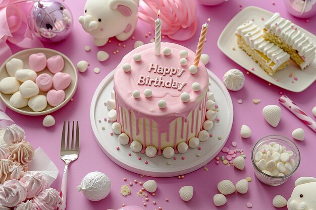 un gâteau d'anniversaire rose avec une bougie dessus