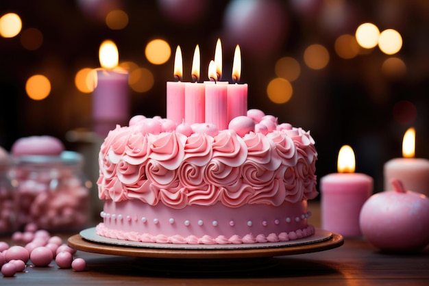 Un gâteau d'anniversaire rose avec des bougies sur la table de fête