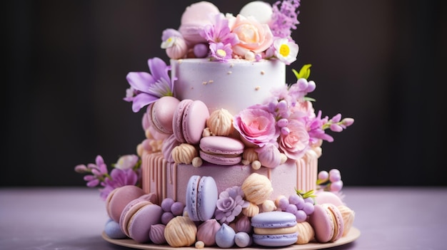 Gâteau d'anniversaire sucré avec macaron et décor floral sur un fond noir Beau gâteau rose AI