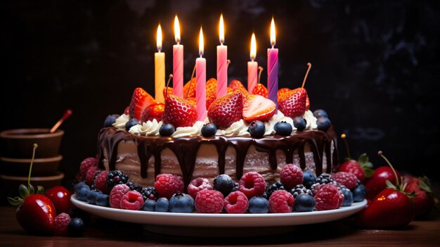 Gâteau d'anniversaire de table avec des bougies photographie alimentaire
