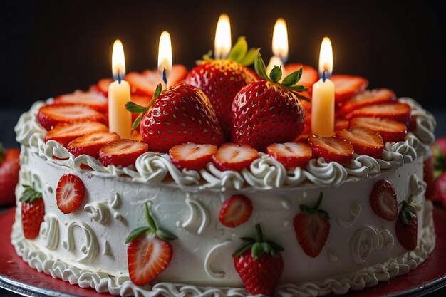 Photo un gâteau d'anniversaire à thème de fraise avec des bougies vibrant