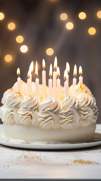 Gâteau d'anniversaire à la vanille blanche avec des bougies dans un style d'affiche verticale