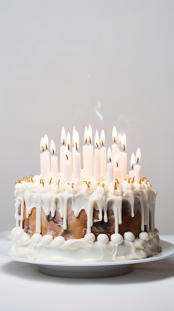 Gâteau d'anniversaire à la vanille blanche avec des bougies dans un style d'affiche verticale