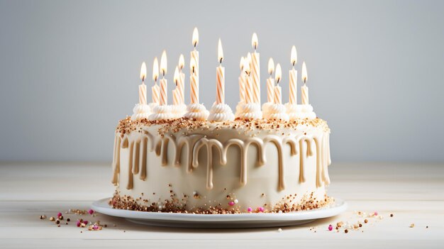 Un gâteau d'anniversaire à la vanille sur une table blanche.