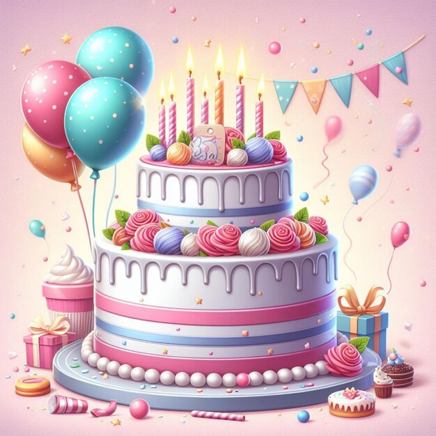un gâteau d'anniversaire vectoriel sur fond rose