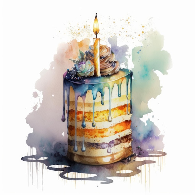 Gâteau aquarelle d'anniversaire sur fond blanc Illustration AI Générative