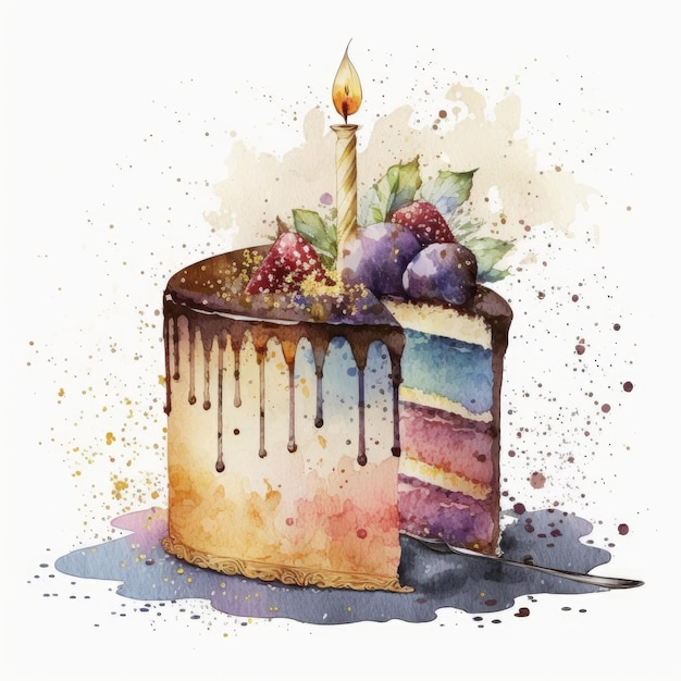 Gâteau aquarelle d'anniversaire sur fond blanc Illustration AI Générative