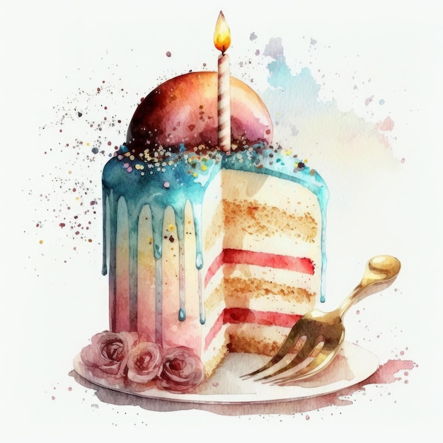 Gâteau aquarelle d'anniversaire sur fond blanc Illustration AI Générative