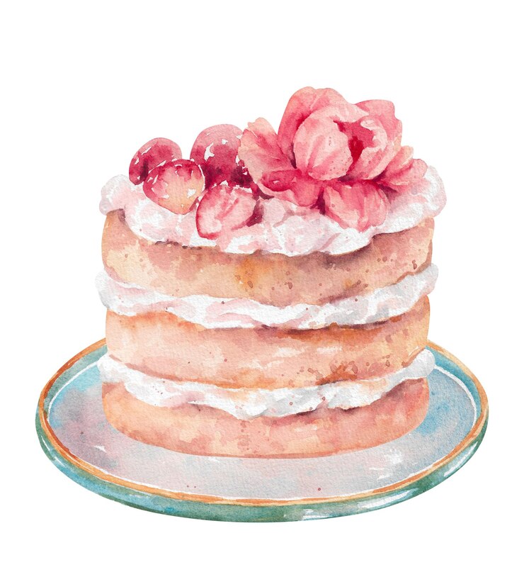 Photo gâteau à l'aquarelle avec de la crème fouettée, des fraises fraîches et du sirop de baies sur une illustration de rose