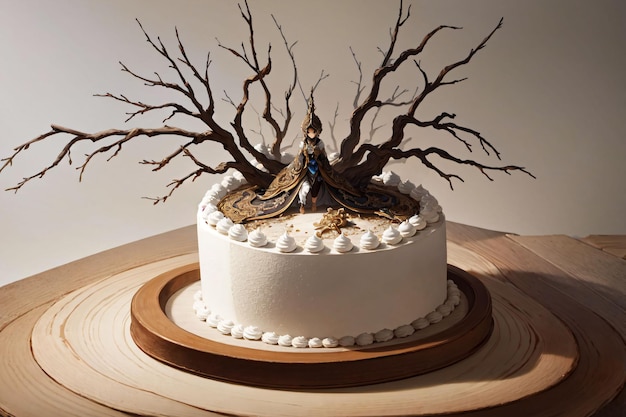 Un gâteau avec un arbre sur le dessus est décoré d'un arbre sur le dessus.