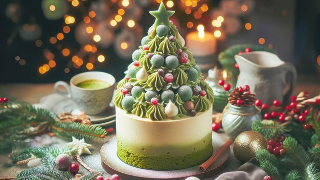 Photo un gâteau d'arbre de noël matcha avec une décoration de noël sur la table