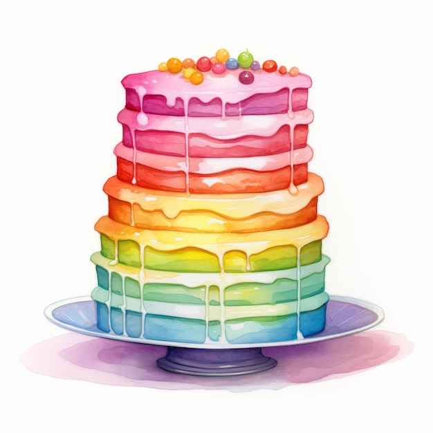 Gâteau arc-en-ciel à l'aquarelle Illustration dessinée à la main isolée sur fond blanc