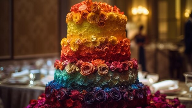 Un gâteau arc-en-ciel avec des fleurs sur le dessus